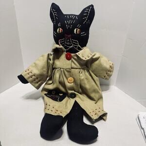 Primitive Rustic Folk Art Handcrafted Black Cat Doll 17” Farmhouse Cottage
